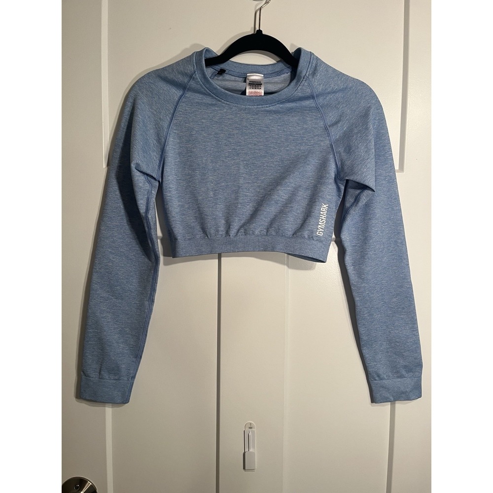 Gymshark Women M Blue Marl Long Sleeve Crop Top Ruched Back Workout Athletic